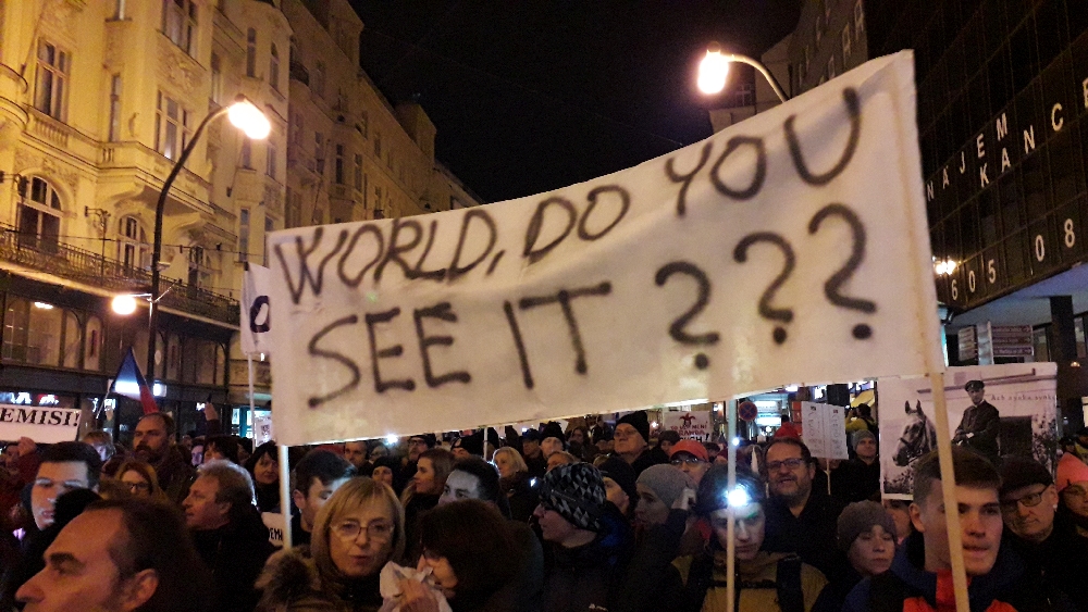 Mit diesem Plakat wenden sich die Demonstranten an die Welt.