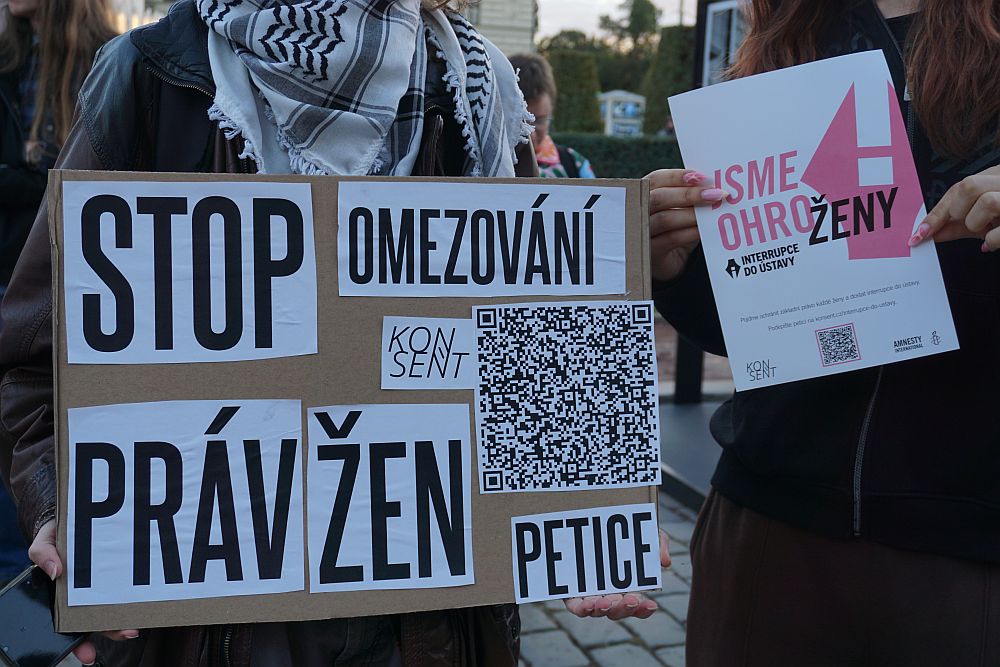Auf dem Plakat steht: „Stoppt die Einschränkung der Frauenrechte!“